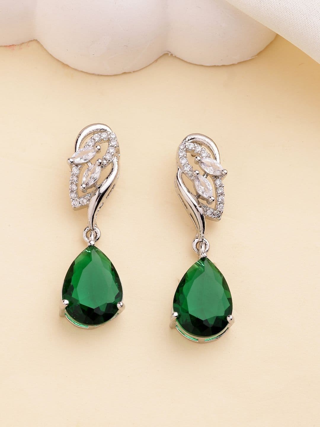 ZENEME Rhodium Plated American Diamond Studded Teardrop Shaped Earrings - view 1