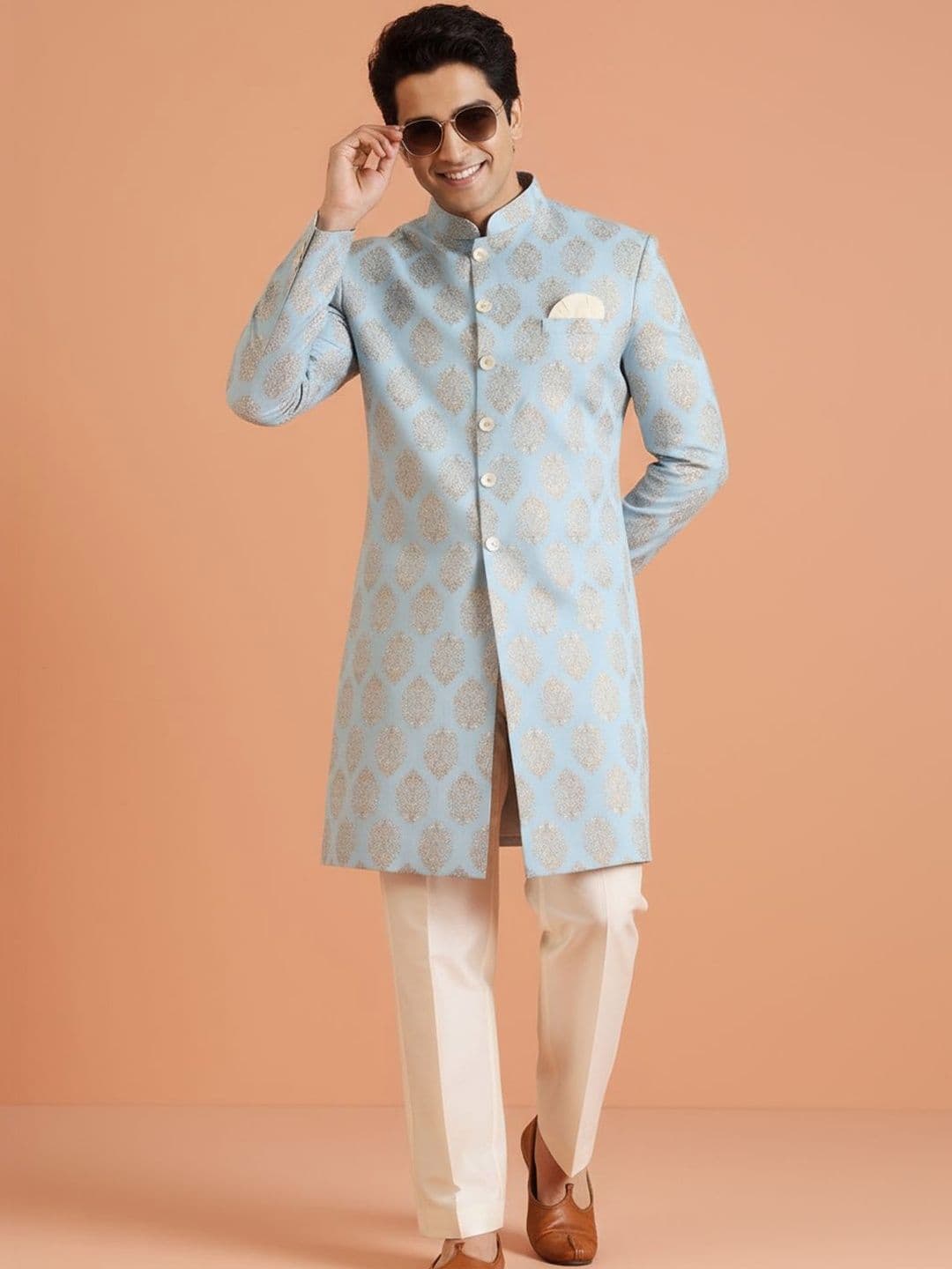 KISAH Men Blue Printed Indowestern Sherwani Trouser Set