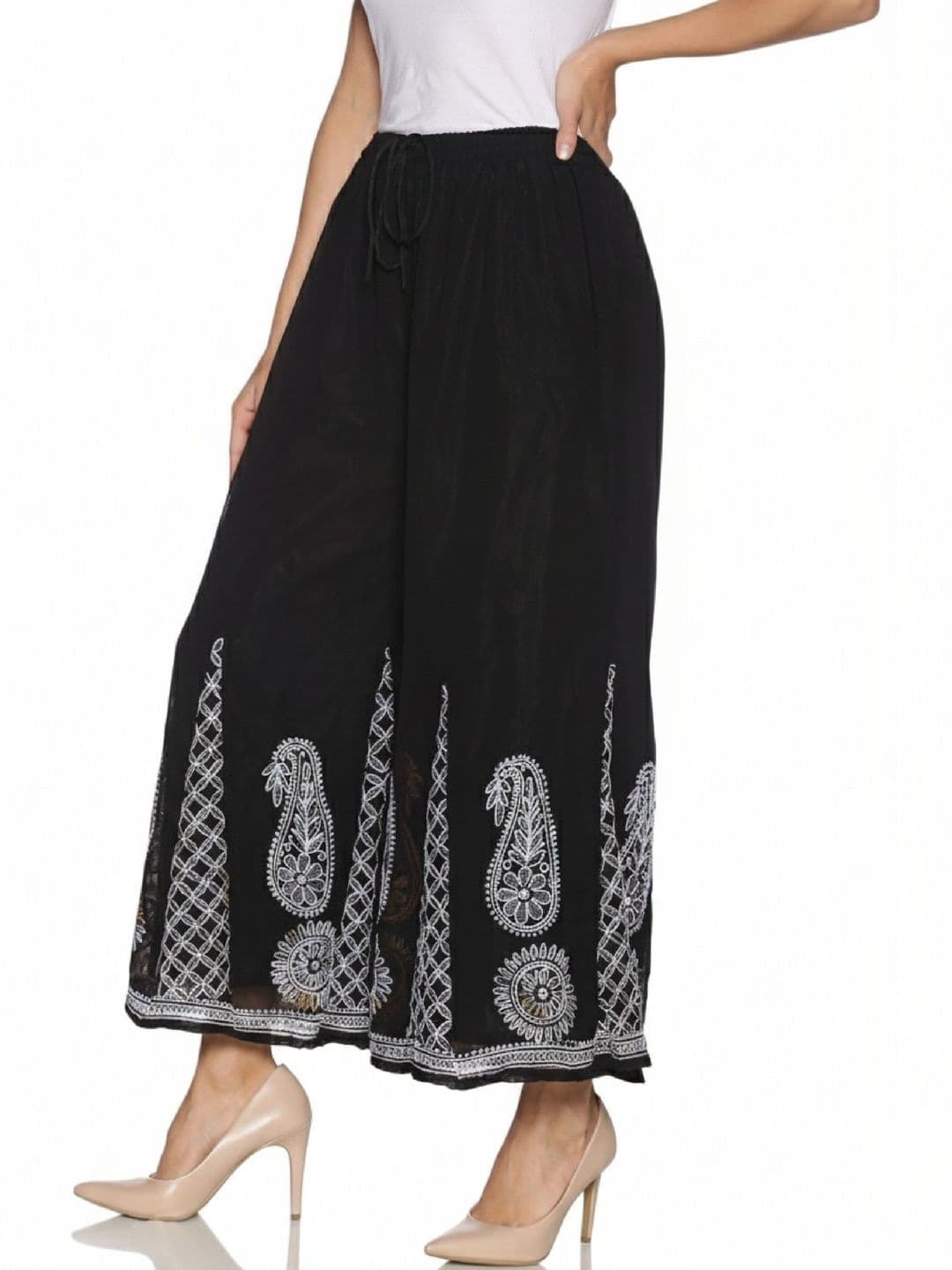 Fashionable Chikan Handikraft Women Ethnic Motifs Embroidered Flared Ethnic Palazzos - view 1