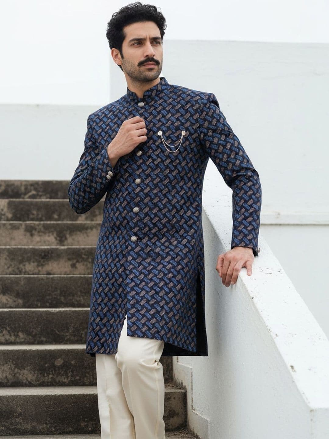 KISAH Men Blue Self Design Indowestern Sherwani & Trouser Set