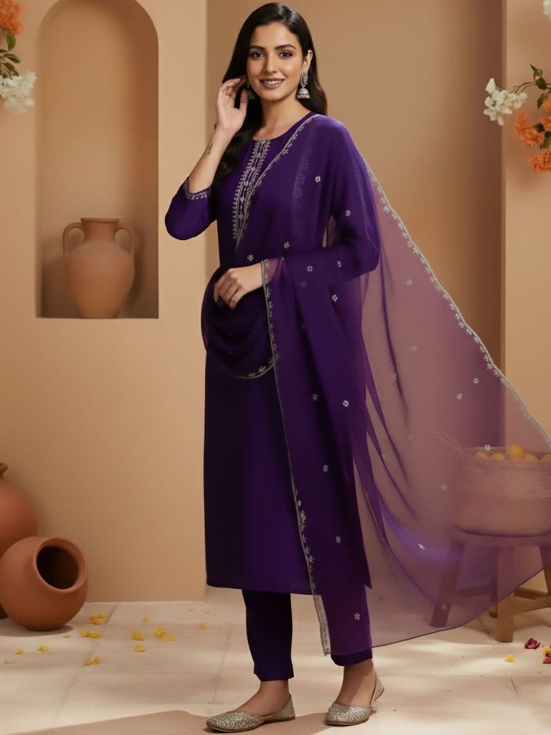 House of Pataudi Embroidered Round Neck Kurta & Trousers with Dupatta Set - view 1