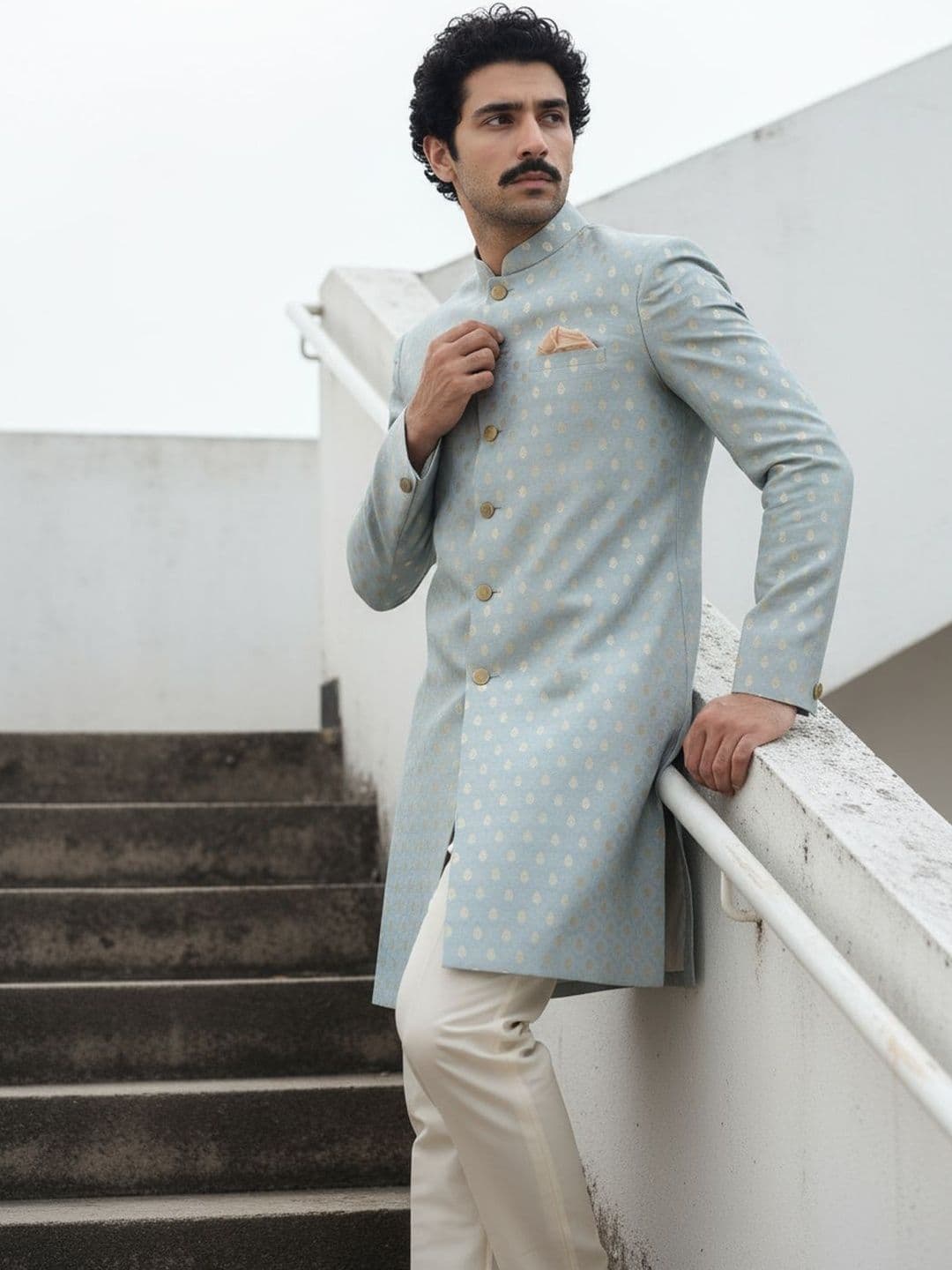 KISAH Men Blue Textured Indowestern Sherwani Trouser Set