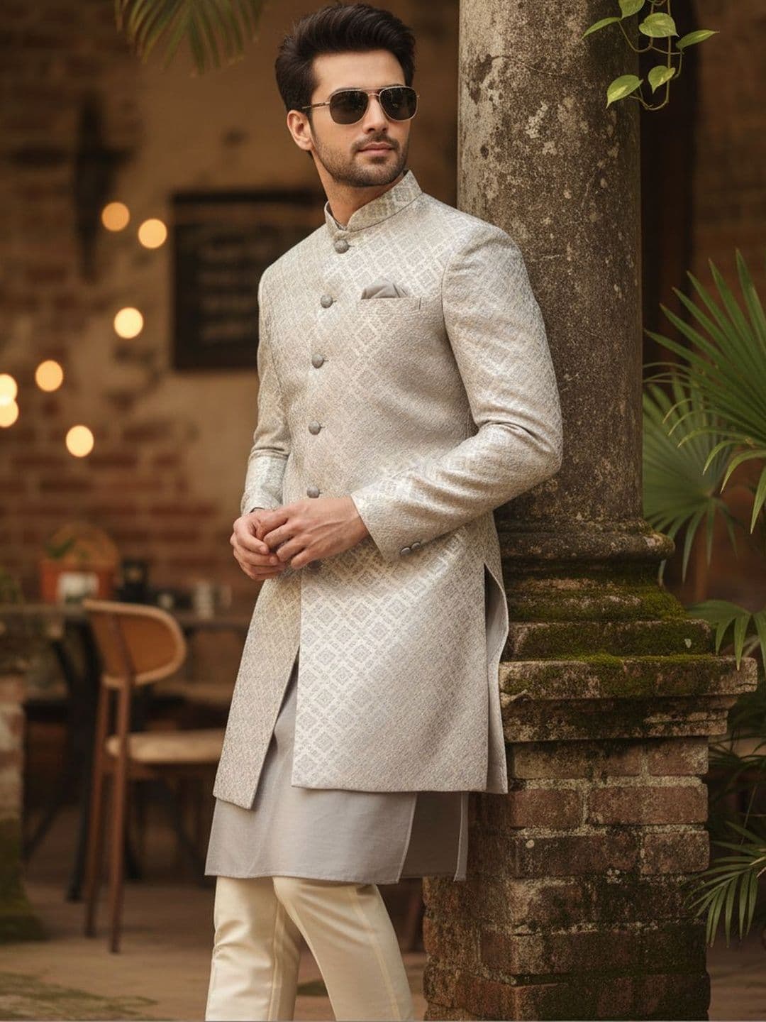 KISAH Men Grey Woven Design Kurta Indowestern Sherwani Trouser Set