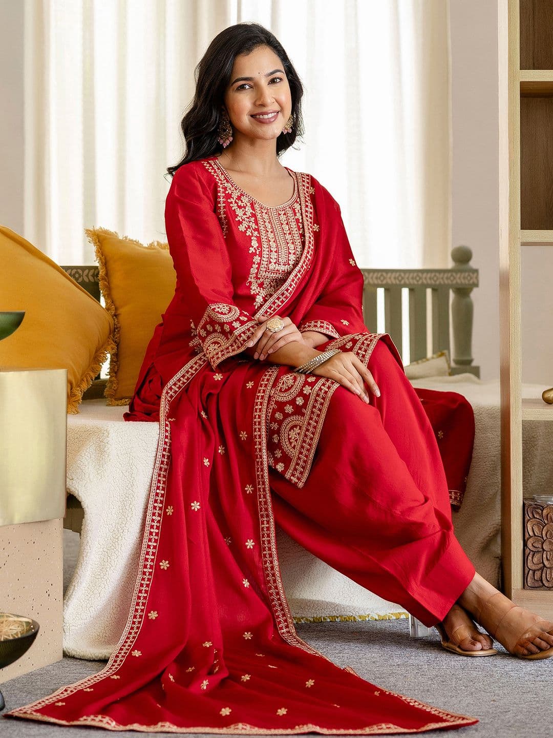 Sangria Embroidered Round Neck Kurta & Trousers with Dupatta Set - view 1