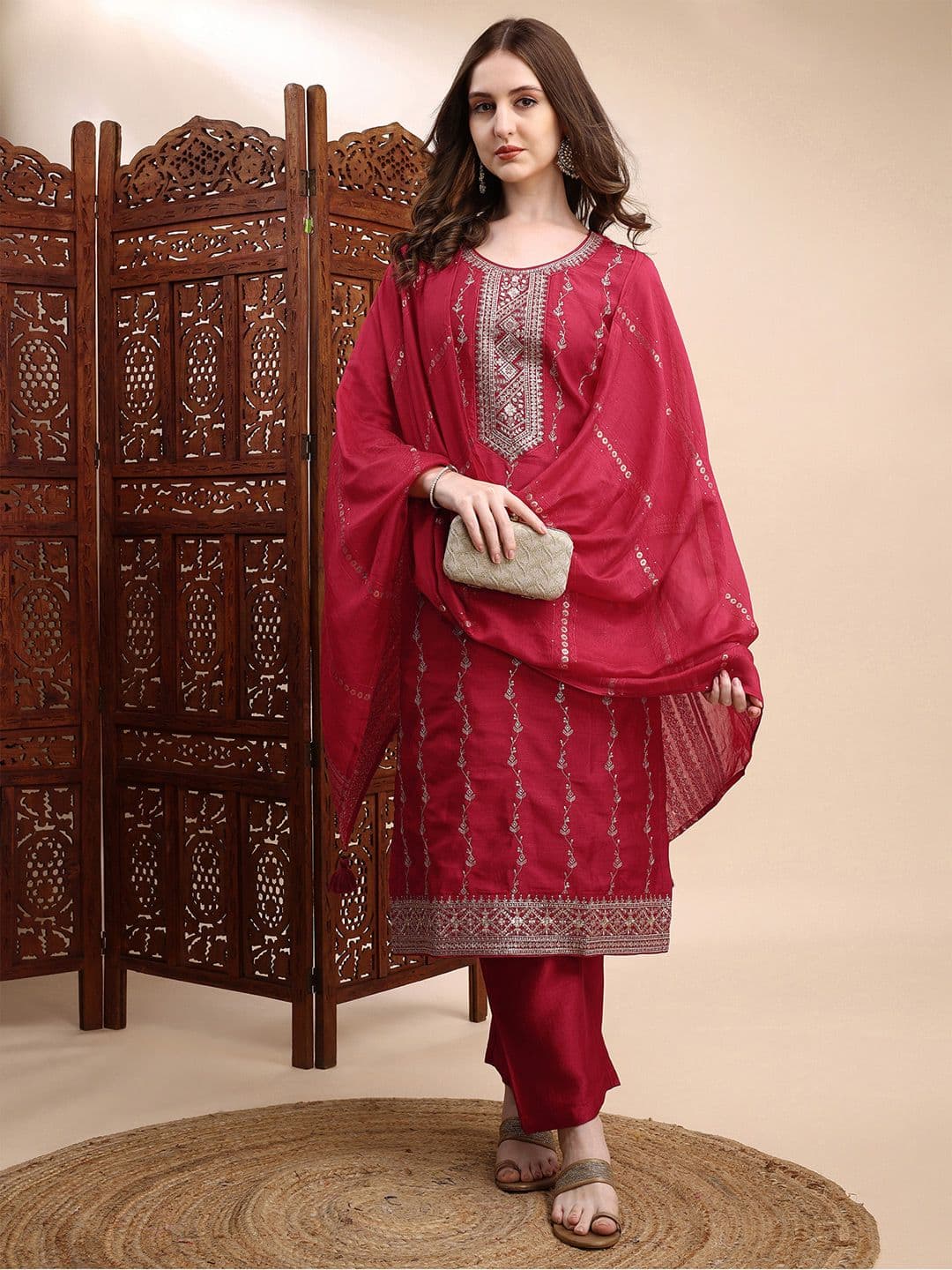 HRITIKA Women Ethnic Motifs Embroidered Kurta with Palazzos & Dupatta - view 1