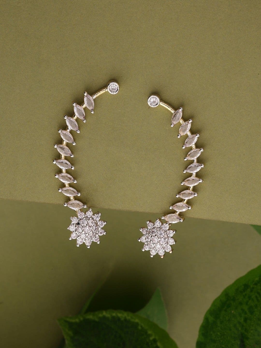 ZENEME Gold Plated American Diamond Studded Floral Shaped Ear Cuff - view 1