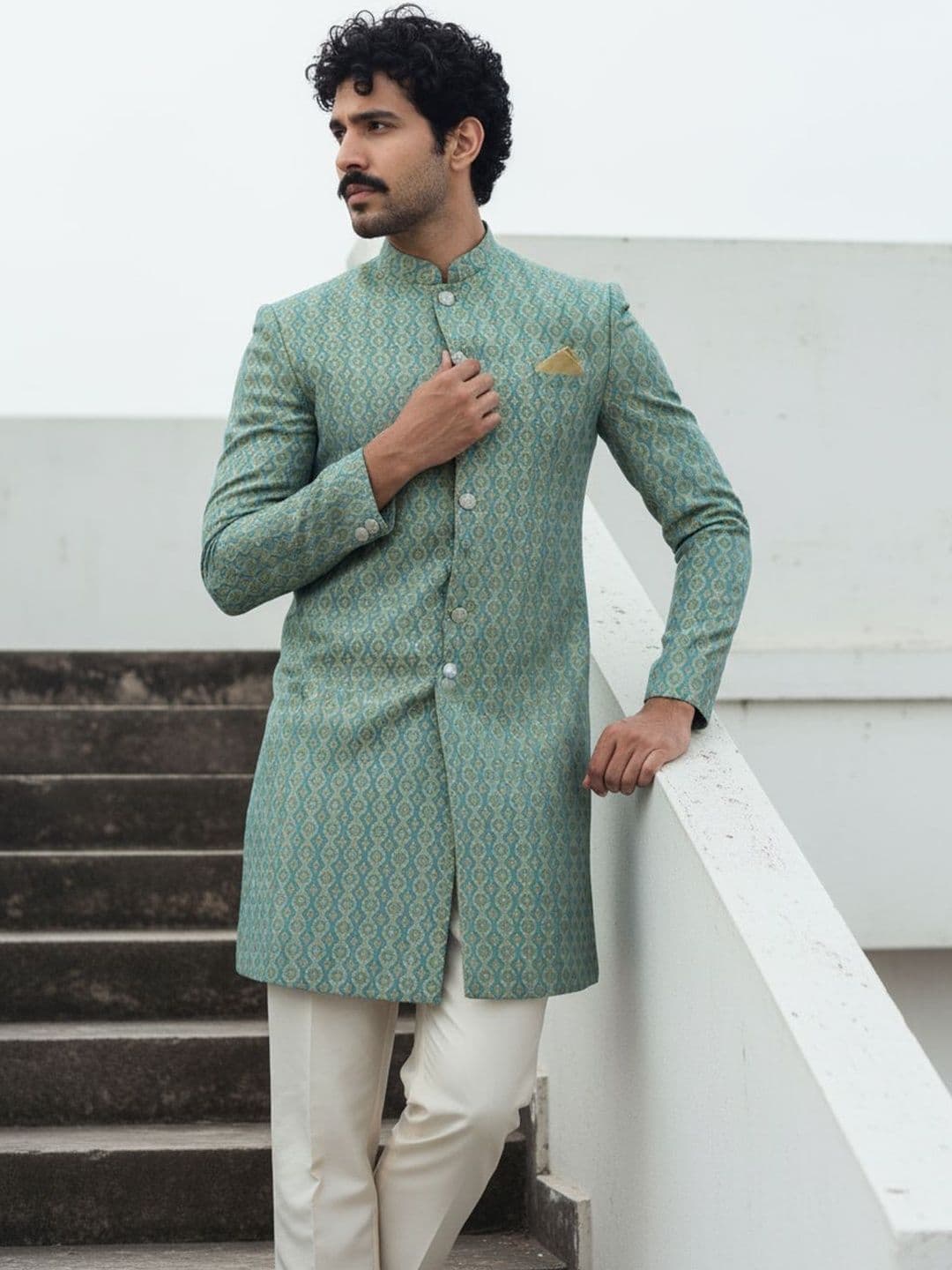 KISAH Men Green Jacquard Indowestern Sherwani Trouser Set - view 1