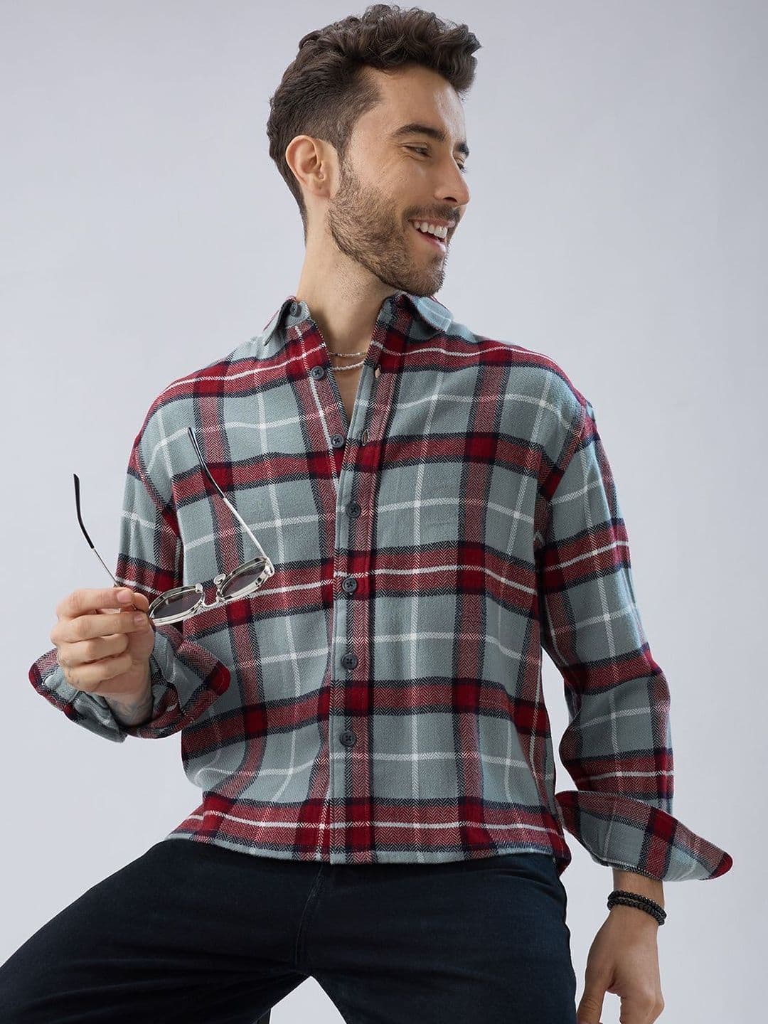 VASTRADO Forest Mist Checked Cotton Long Sleeves Boxy Fit Shirt - view 1
