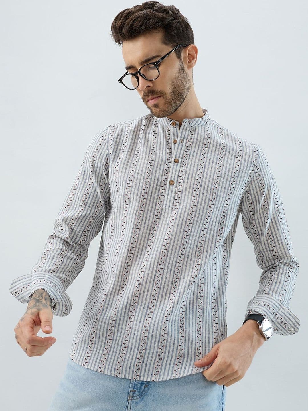 VASTRADO Men Coastal Mist Linen Blend Striped Kurta - view 1