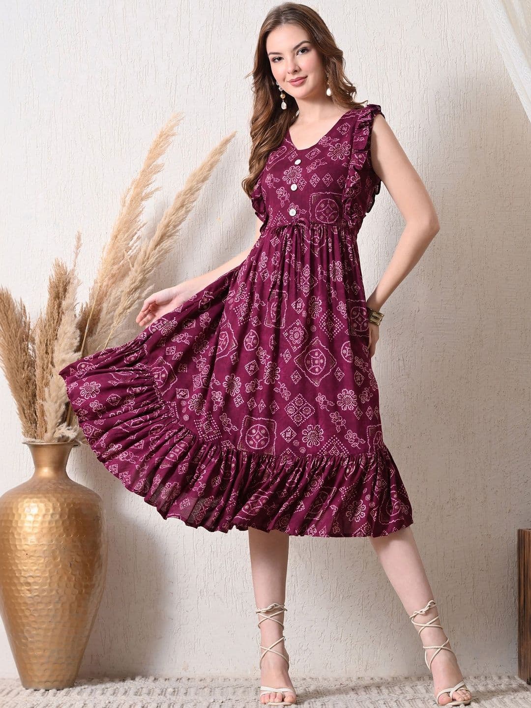 YANAMORA Women Bandhani Printed V Neck Ruffled Sleeveless Flared Midi Dress - view 1