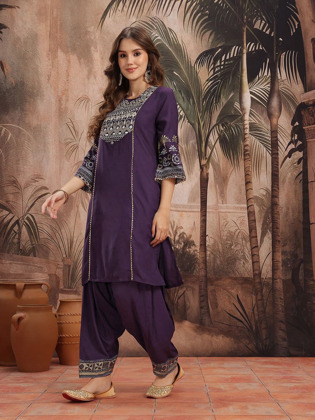 Sangria Ethnic Motifs Embroidered Gotta Patti & Mirror Work Detail Kurta with Salwar - view 1