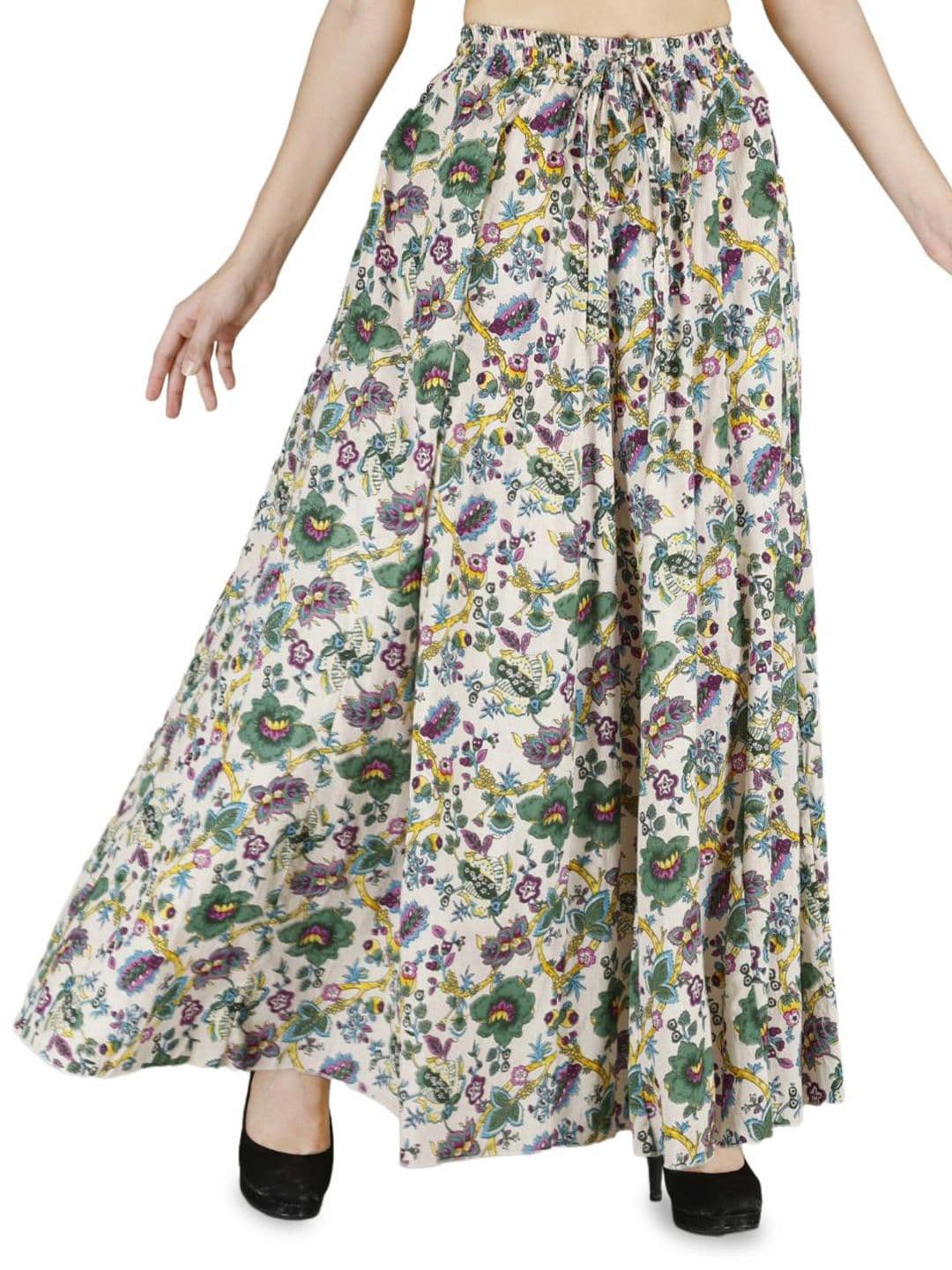 Sttoffa Women Green & Purple Floral Printed Gathered & Flared Cotton Tie-Up Skirt - view 1