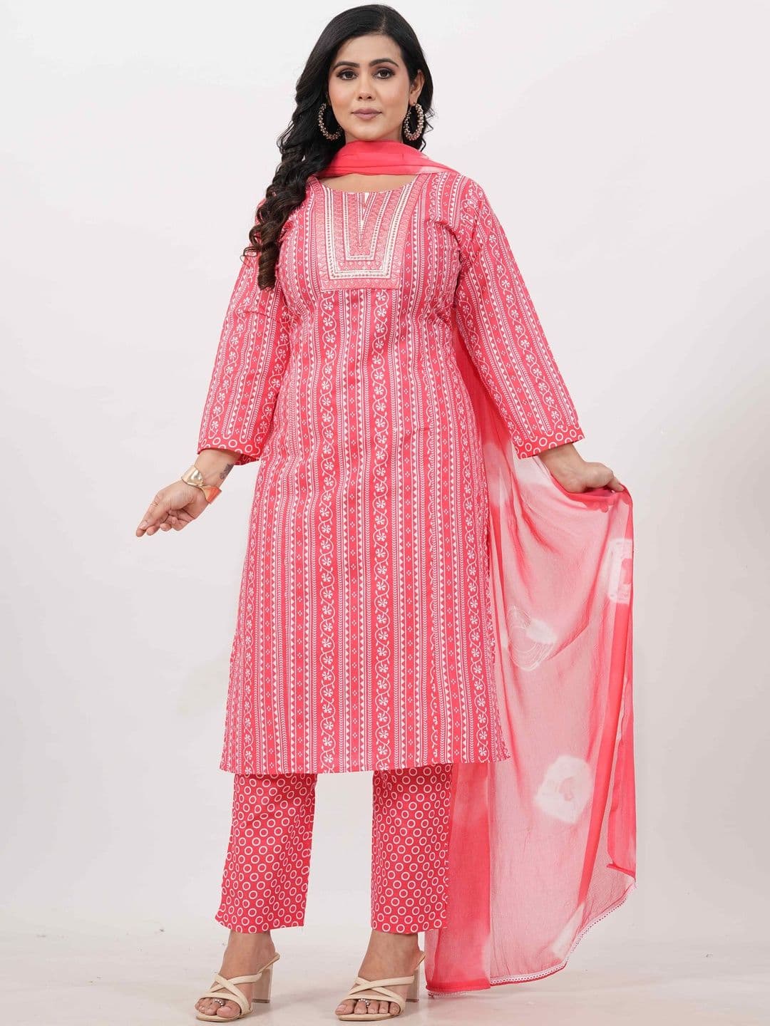 ROSHNI Women Ethnic Motifs Printed Round Neck Thread Work Pure Cotton Regular Kurta With Trousers & Dupatta - view 1