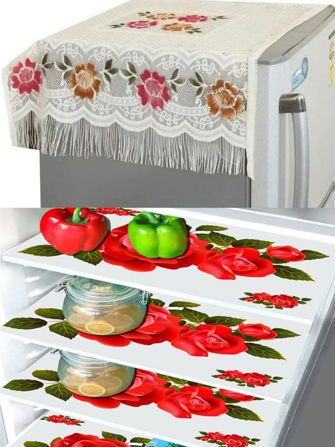 CROSMO Set Of 5 White & Red Fridge Top Cover 4 Waterproof Fridge Mats - view 1