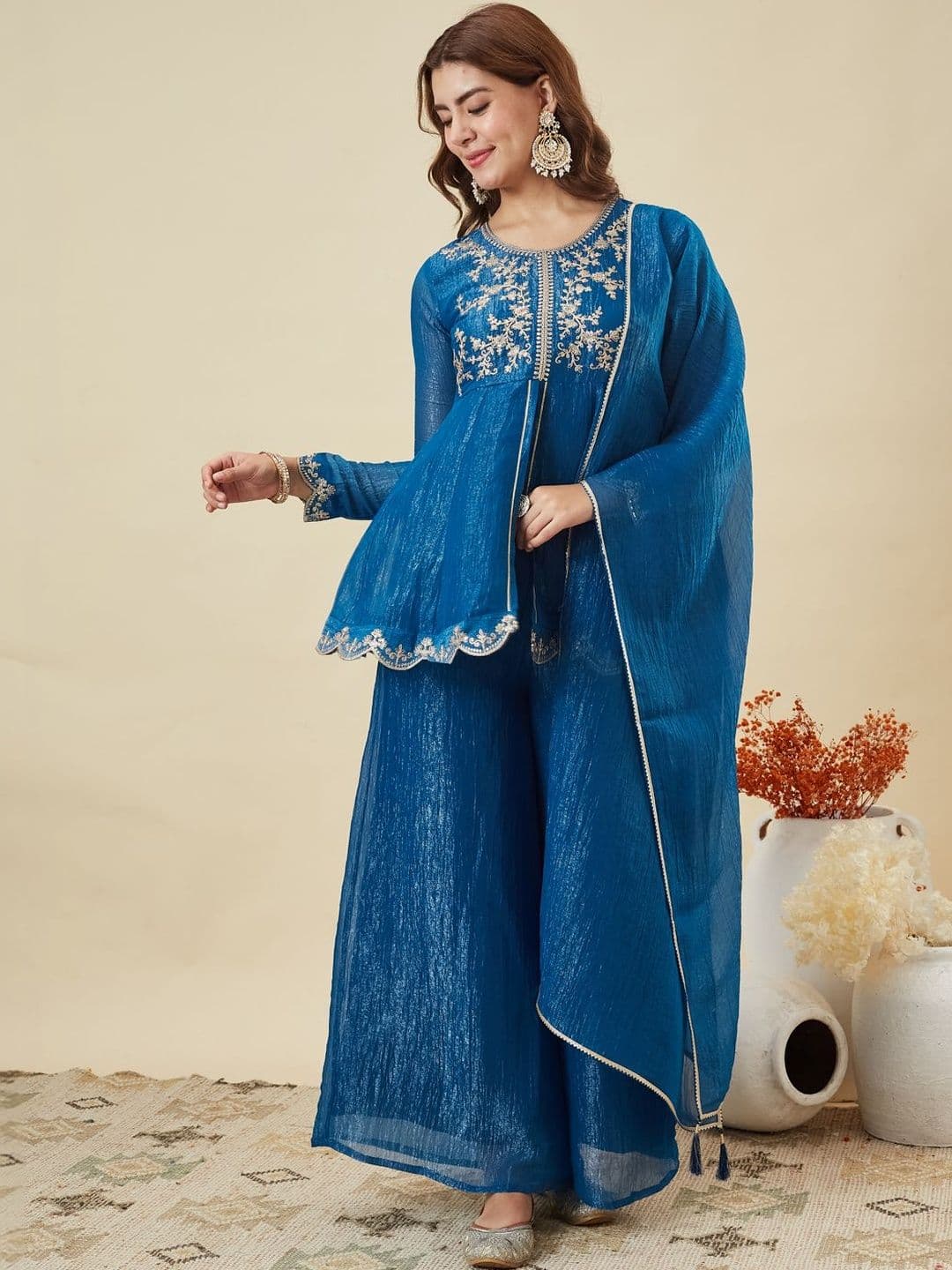 MOKOSH Women Silk Embroidered Kurta And Sharara With Dupatta Set - view 1