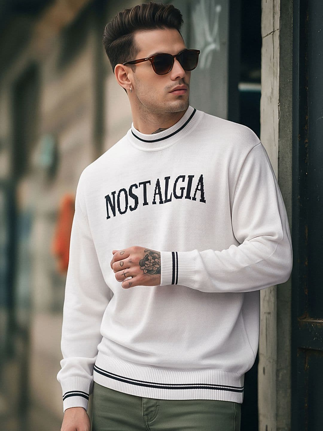 Bewakoof Men Gardenia Nostalgia Typography Oversized Sweater