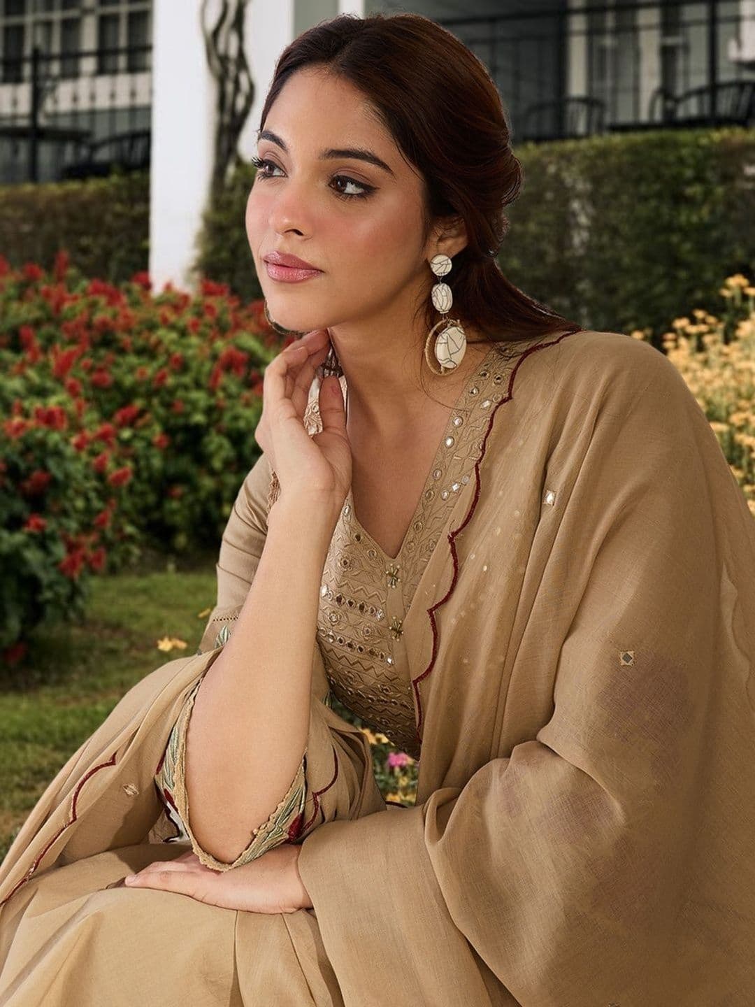 Indo Era Women Ethnic Motifs Embroidered Regular Mirror Work Pure Cotton Kurta with Trousers & With Dupatta - view 1