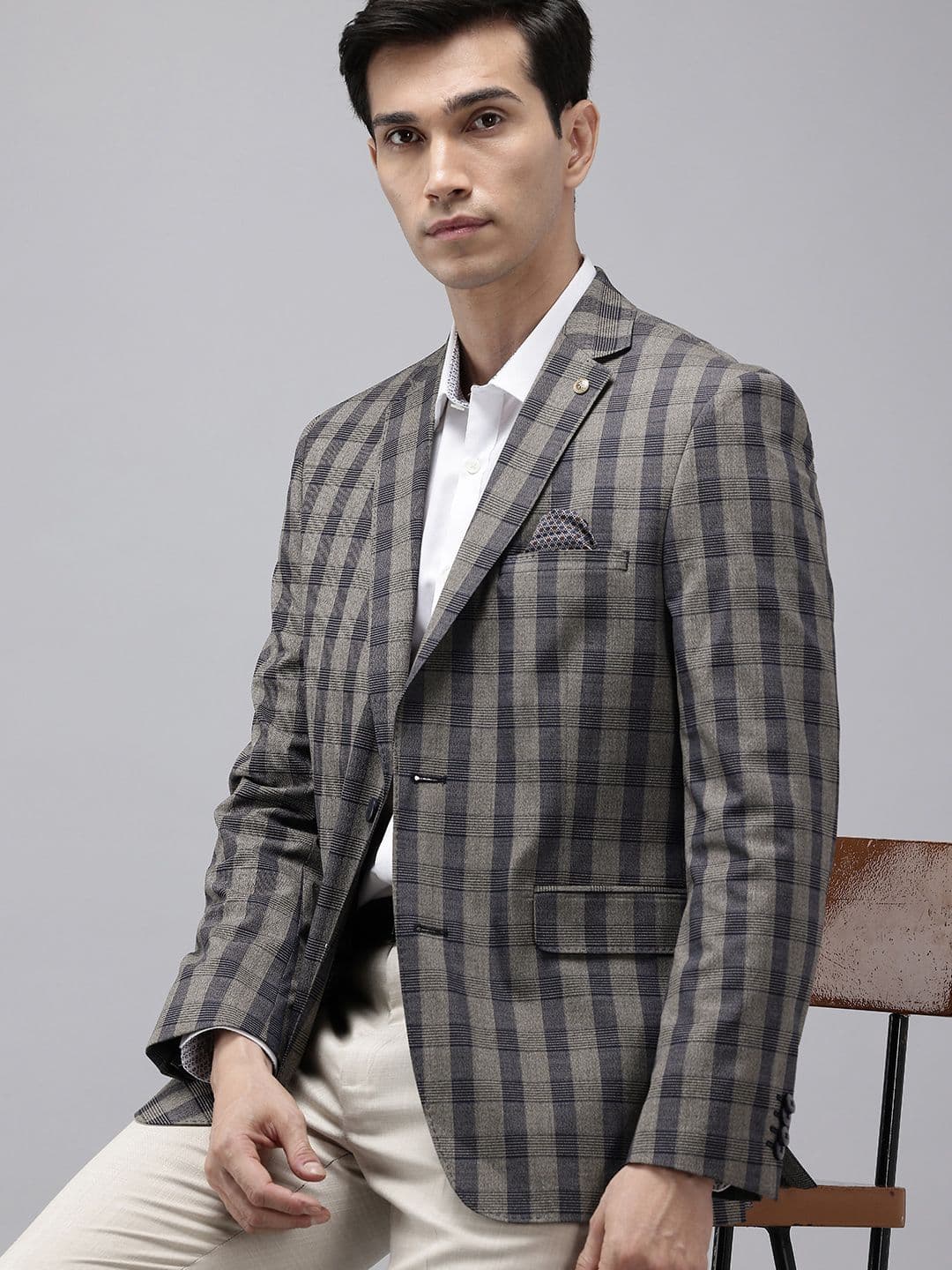 Theme Checked Notched Lapel Collar Slim-Fit Single-Breasted Formal Blazer - view 1