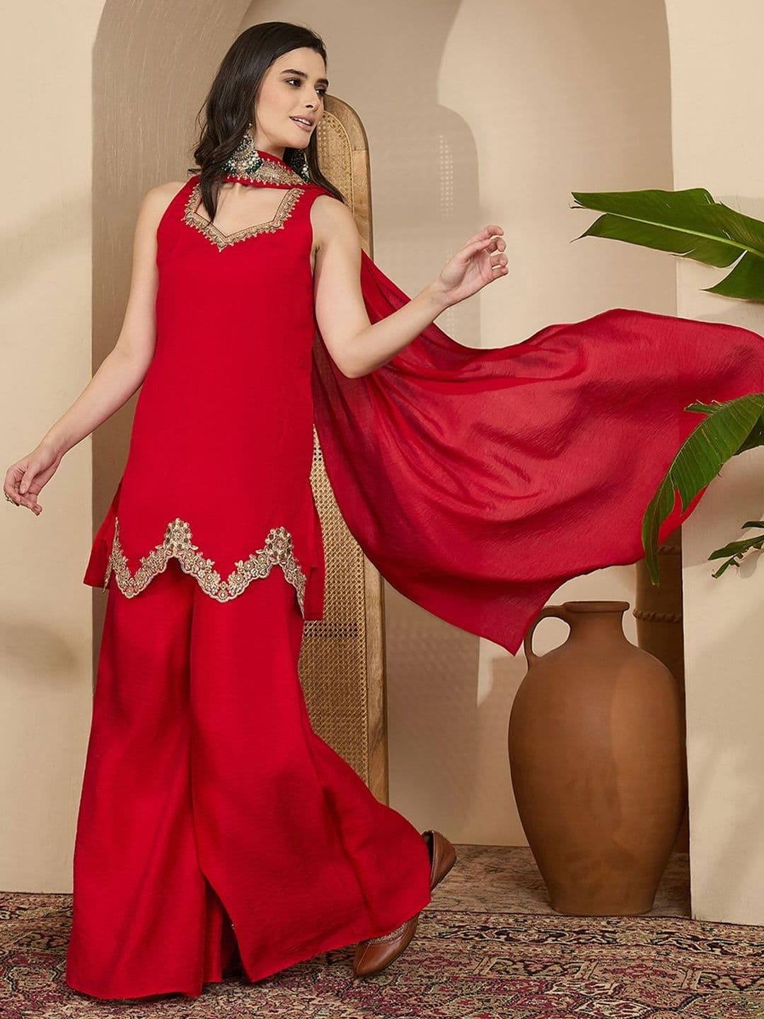 Sangria Embroidered Straight Kurta & Palazzos With Dupatta - view 1