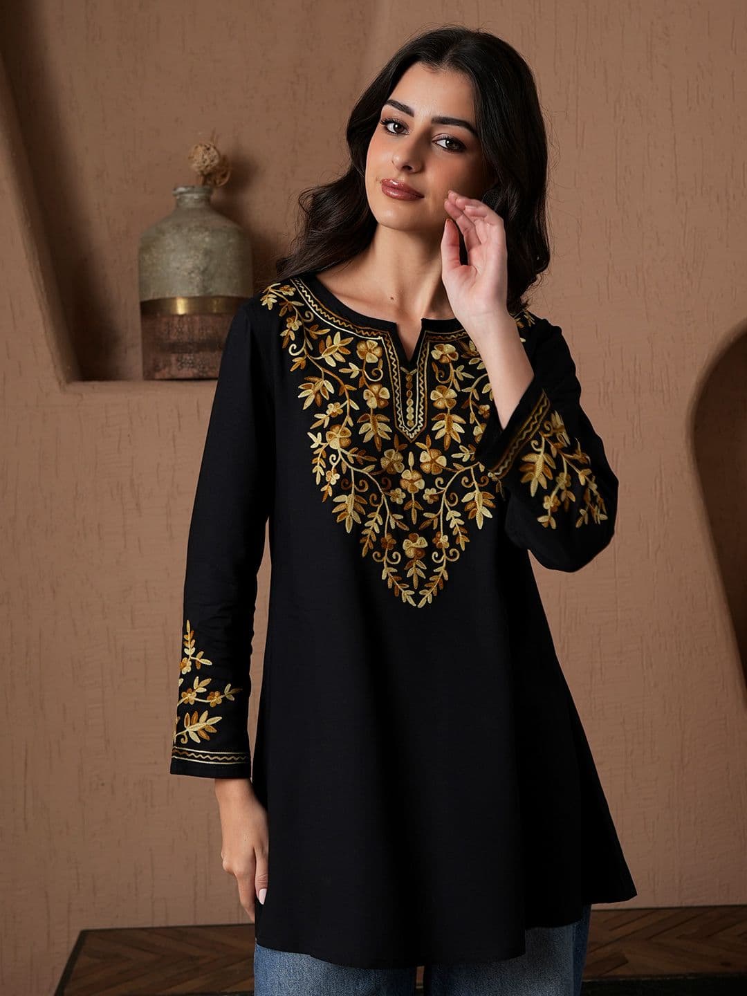Qazmi Kashmiri Aari Work Viscose Rayon A-Line Flared Kurti - view 1