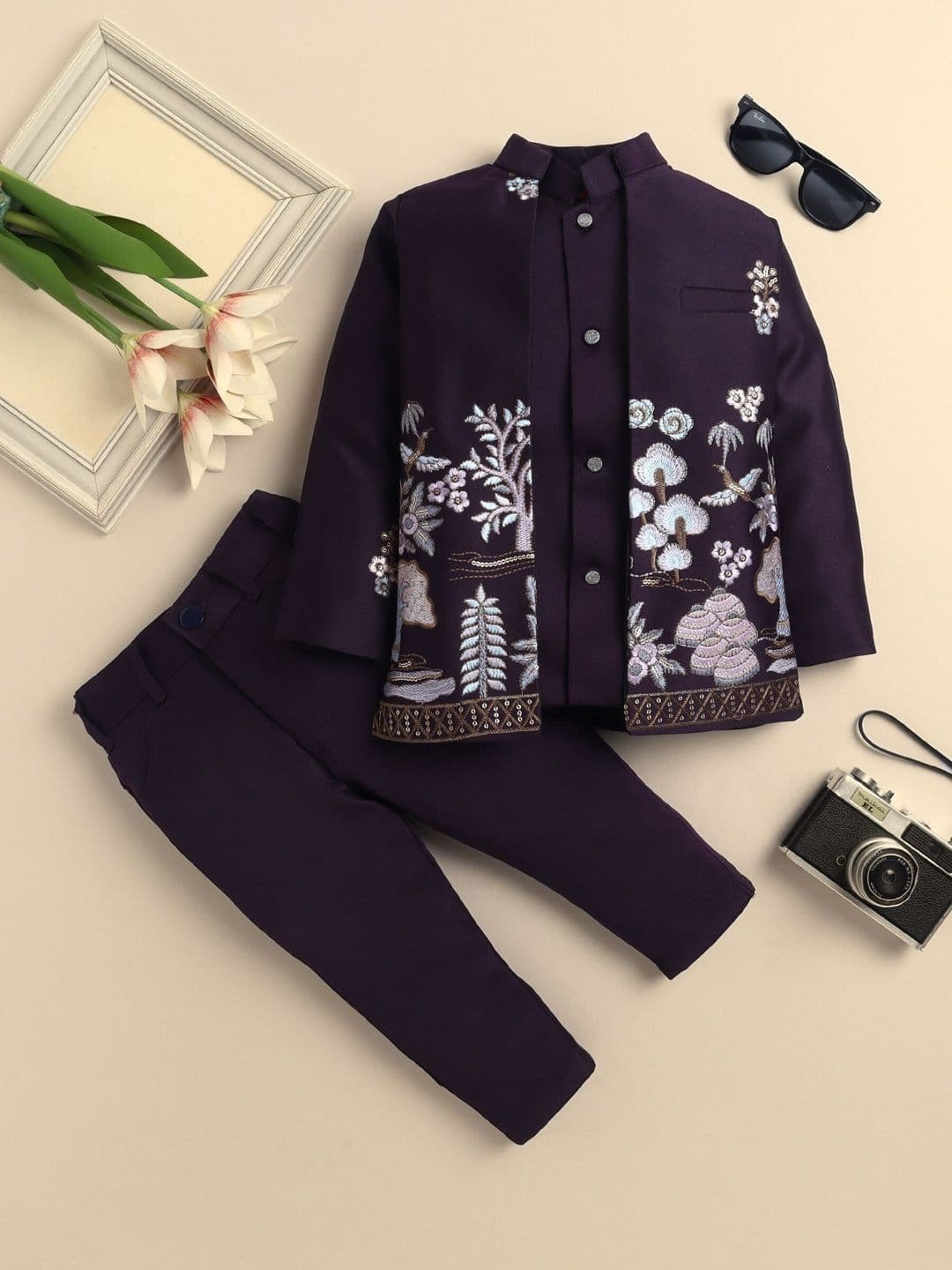 Sangria Boys Embroidered Mandarin Collar Sherwani Set - view 1