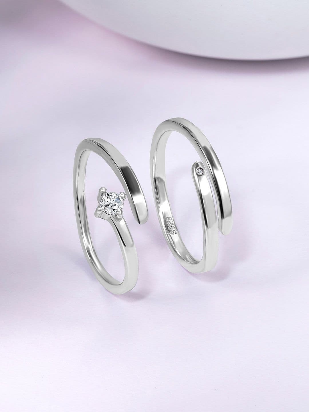 Peora Silver-Toned Platinum-Plated Stone-Studded Couple Ring Set