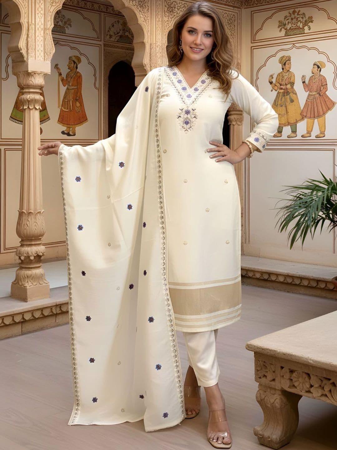 KALINI Women Ethnic Motifs Embroidered Regular Thread Work Kurta with Trousers & With Dupatta - view 1