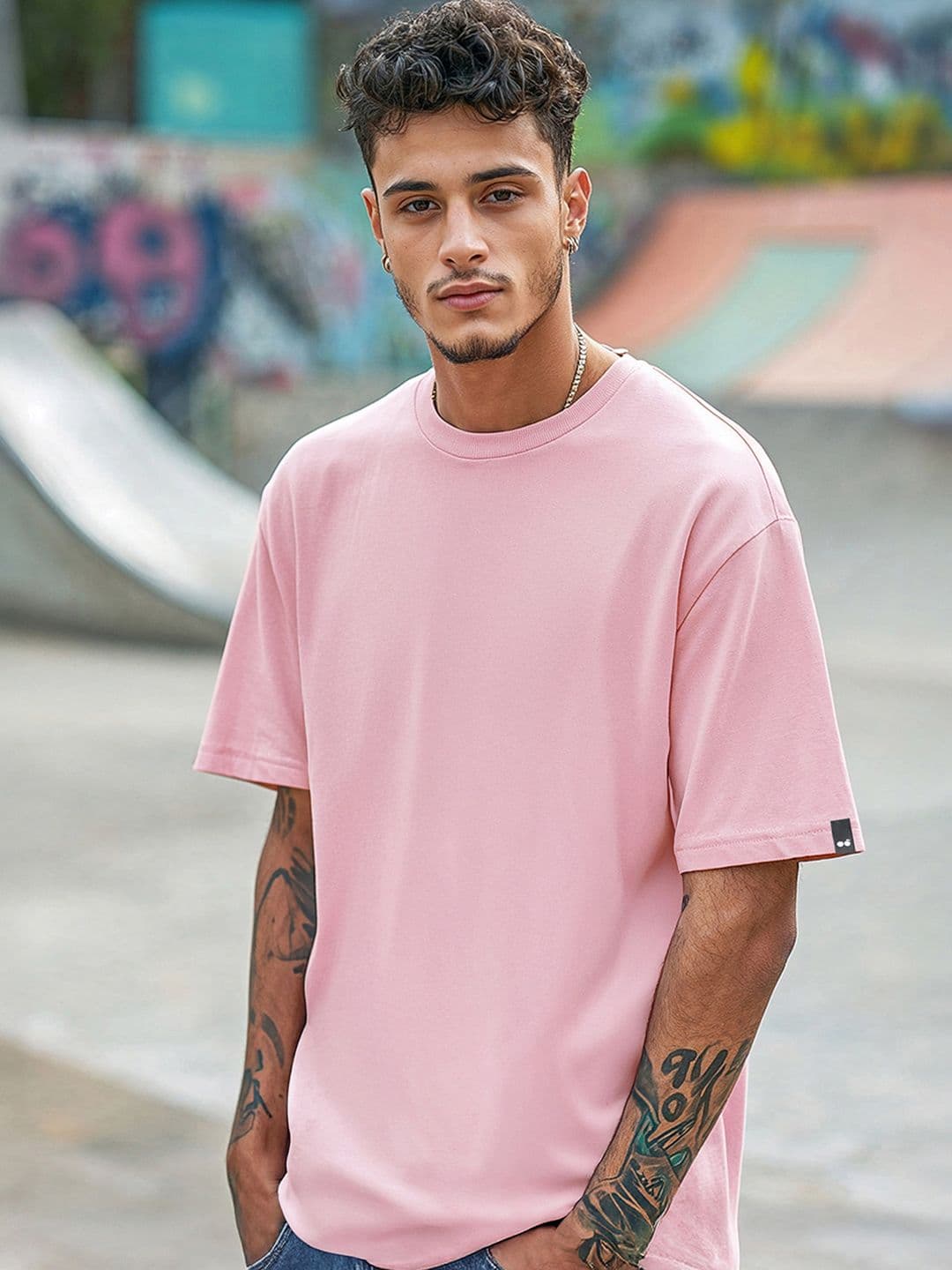 Bewakoof Men Pink Pure Cotton Round Neck Short Sleeves Oversized Fit T-shirt - view 1