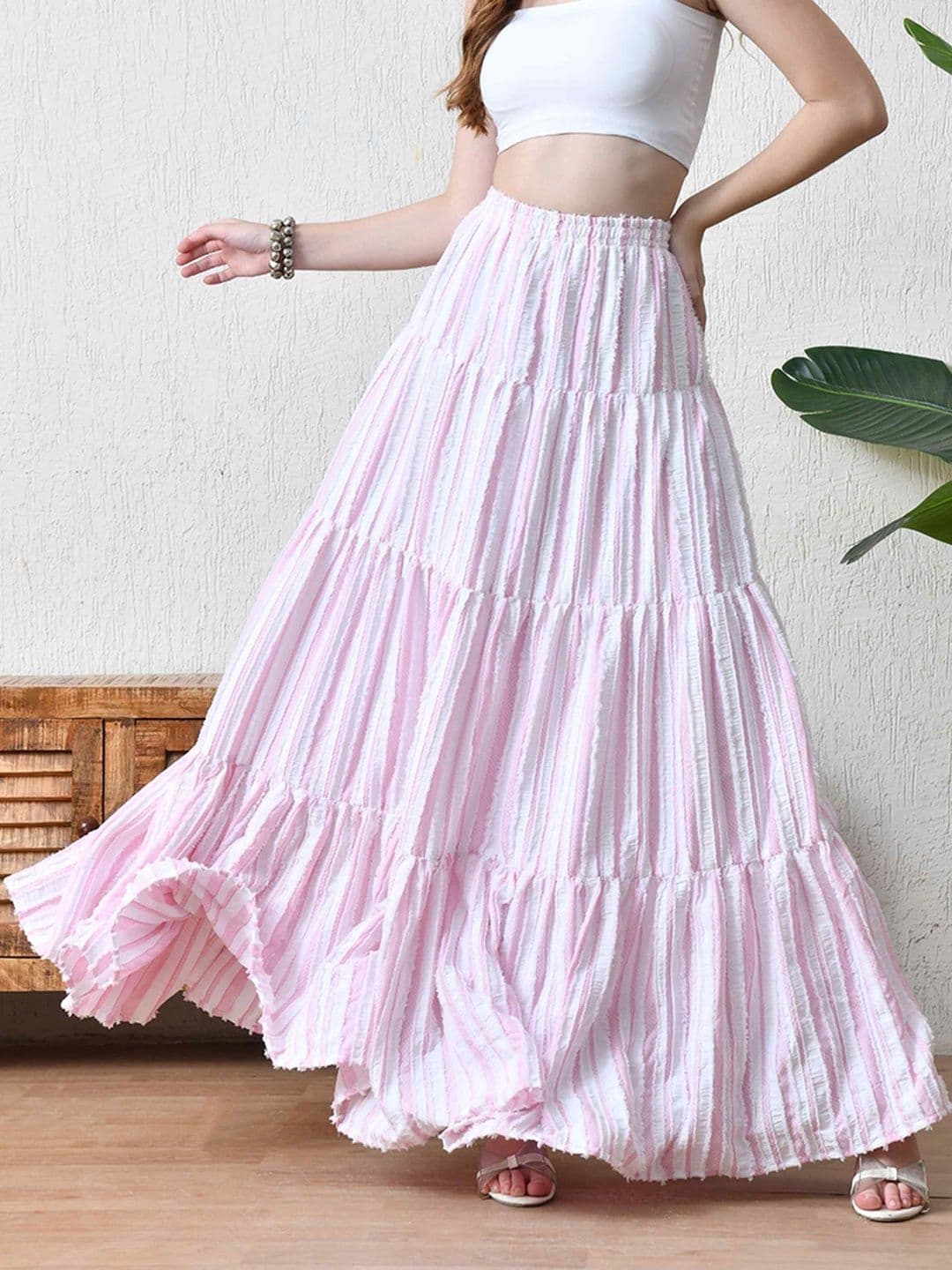YANAMORA Women Striped Gathered or Pleated Tiered Flared Maxi Skirts - view 1