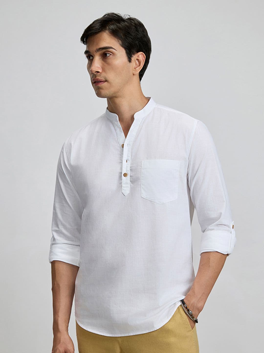 KINGDOM OF WHITE Mandarin Collar Pure Cotton Stay Short Kurta - view 1