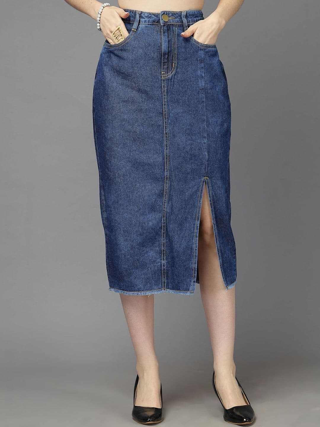 Style Quotient Cotton Midi Straight Denim Skirts - view 1