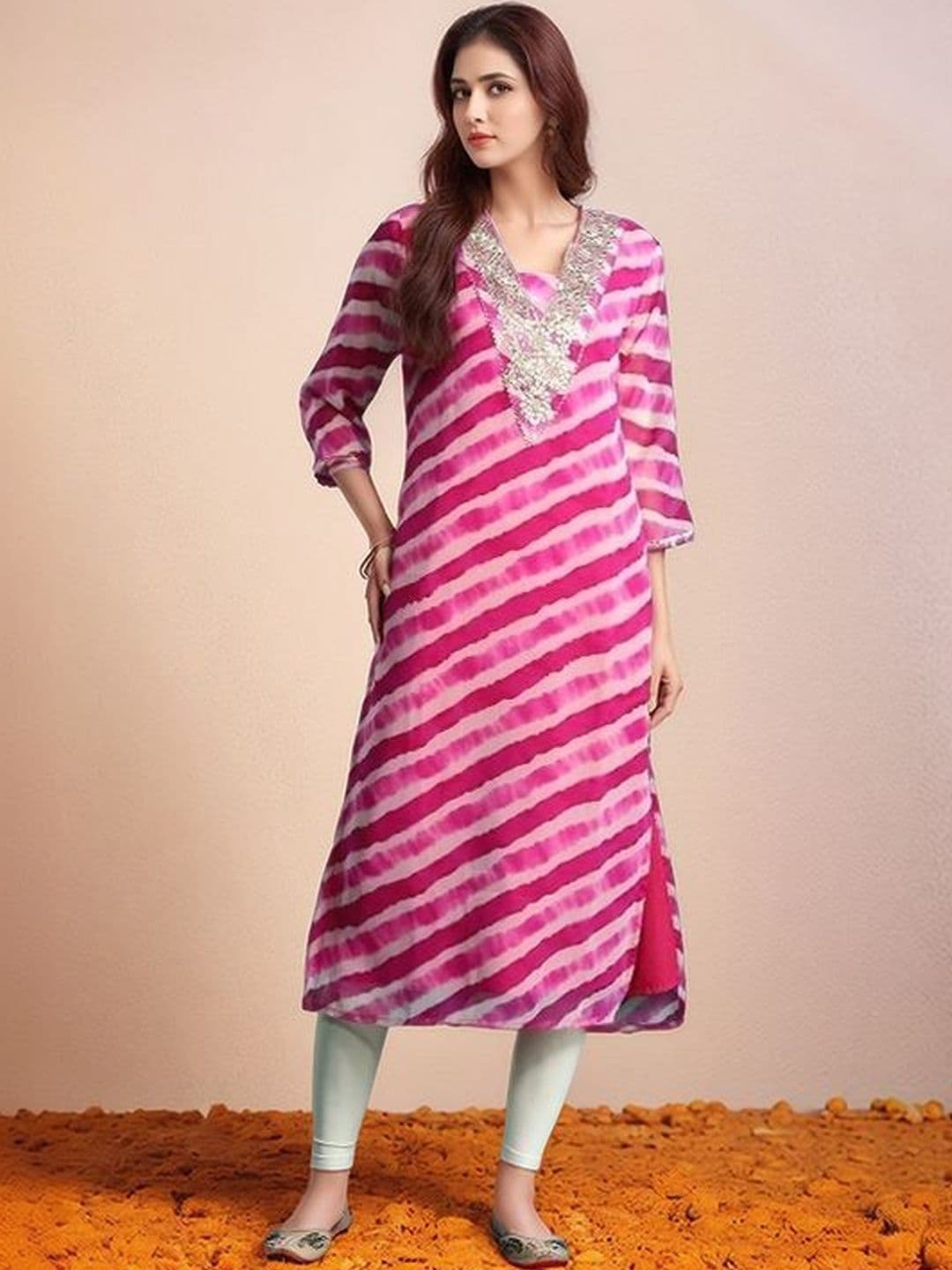 Moda Rapido Women Leheriya Striped Thread Work Georgette Kurta - view 1