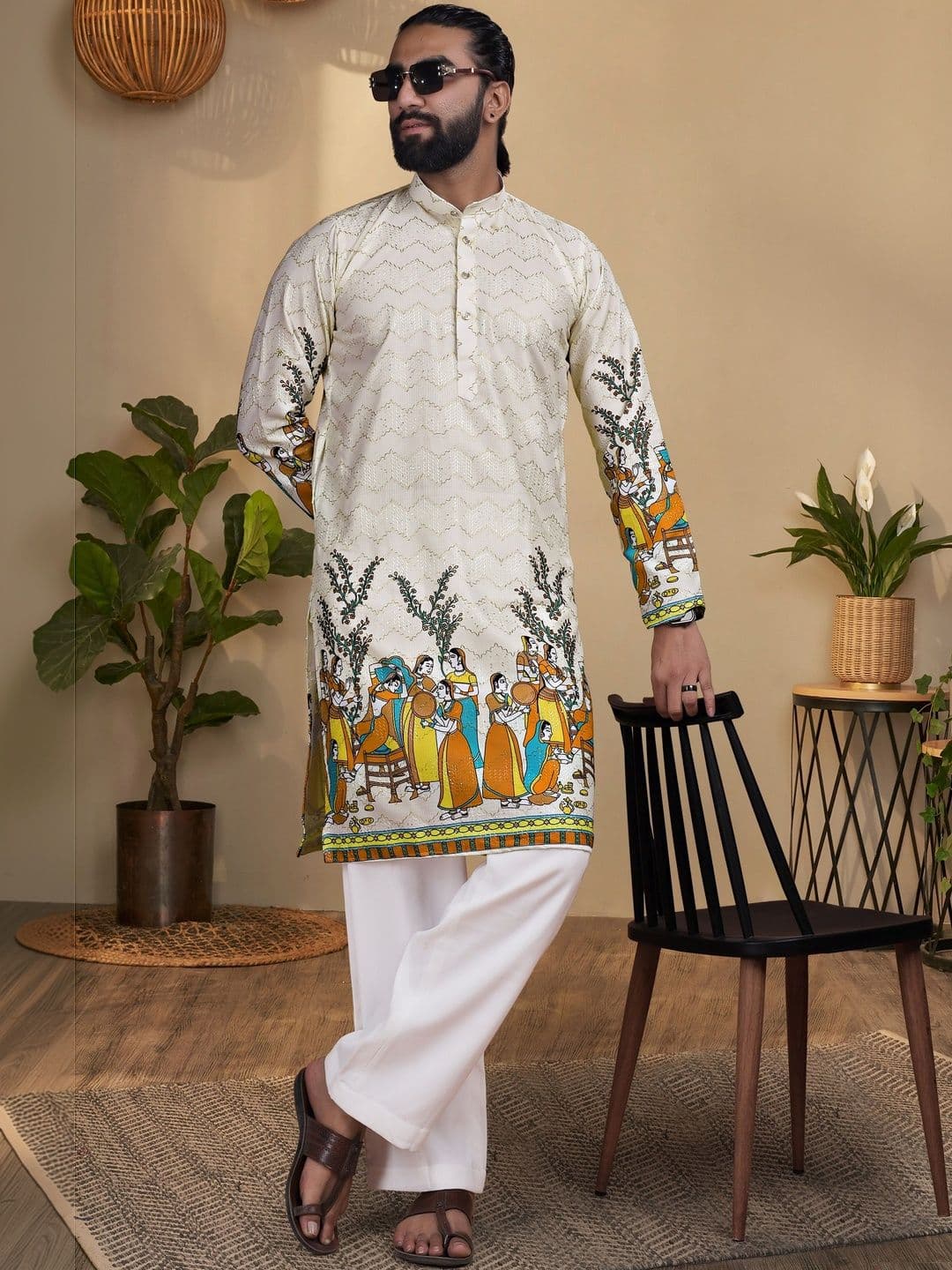 KURTA WALLAH Men Geometric Printed Thread Work Floral Kurta