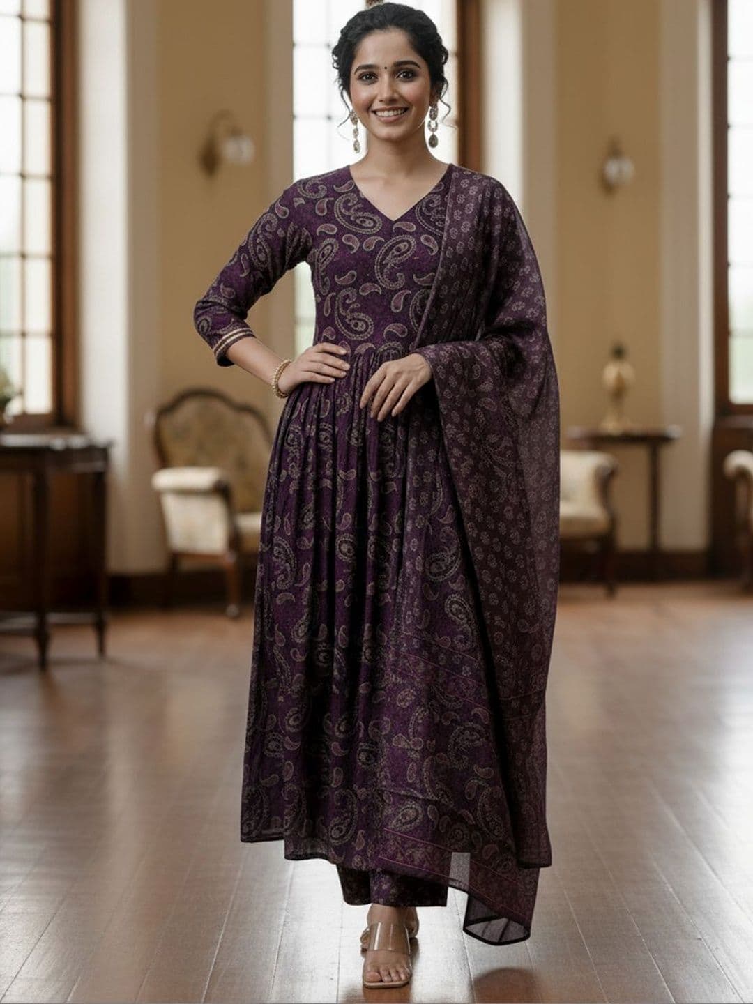 ARADHNA Women Paisley Printed Panelled Kurta with Trousers & With Dupatta - view 1
