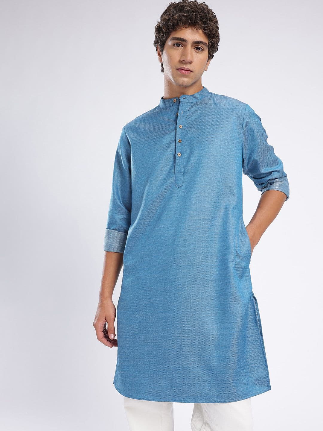 Anouk Rustic Geometric Woven Design Band Collar Straight Kurta - view 1