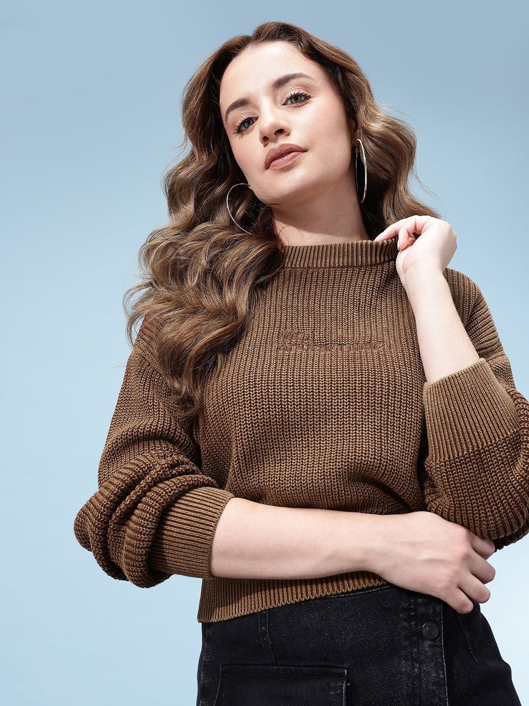 glitchez Ribbed Typography Drop Shoulder Sleeves Crop Oversized Pure Cotton Pullover - view 1