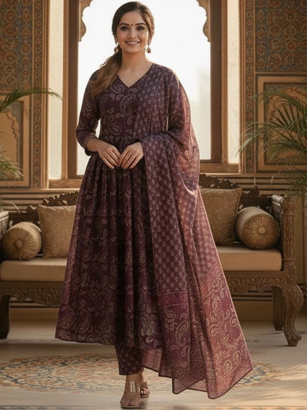 ARADHNA Women Ethnic Motifs Printed Empire Kurta with Trousers & With Dupatta - view 1