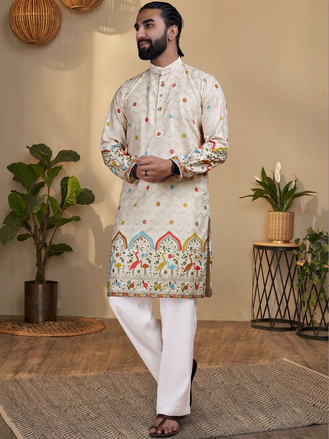 KURTA WALLAH Men Geometric Printed Thread Work Floral Kurta - view 1