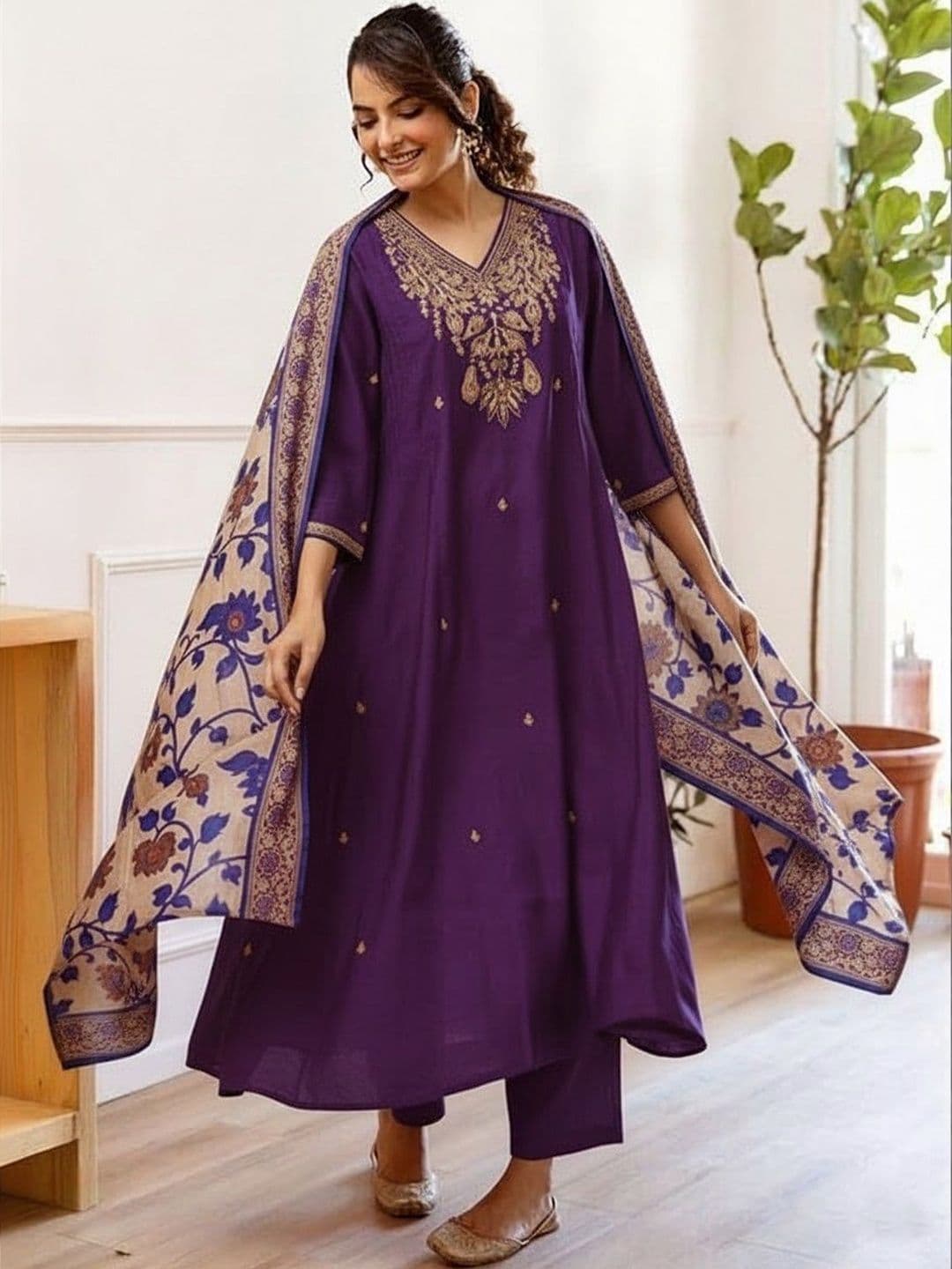 KALINI Women Ethnic Motifs Embroidered Regular Thread Work Pure Cotton Kurta with Trousers & With Dupatta - view 1