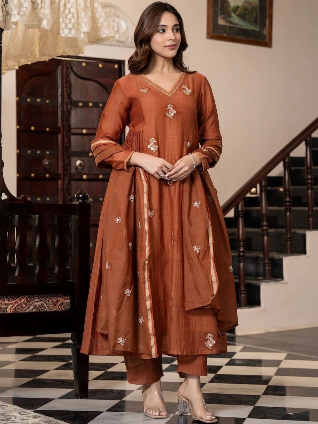 KALINI Women Ethnic Motifs Embroidered Panelled Thread Work Pure Cotton Kurta with Trousers & With Dupatta - view 1