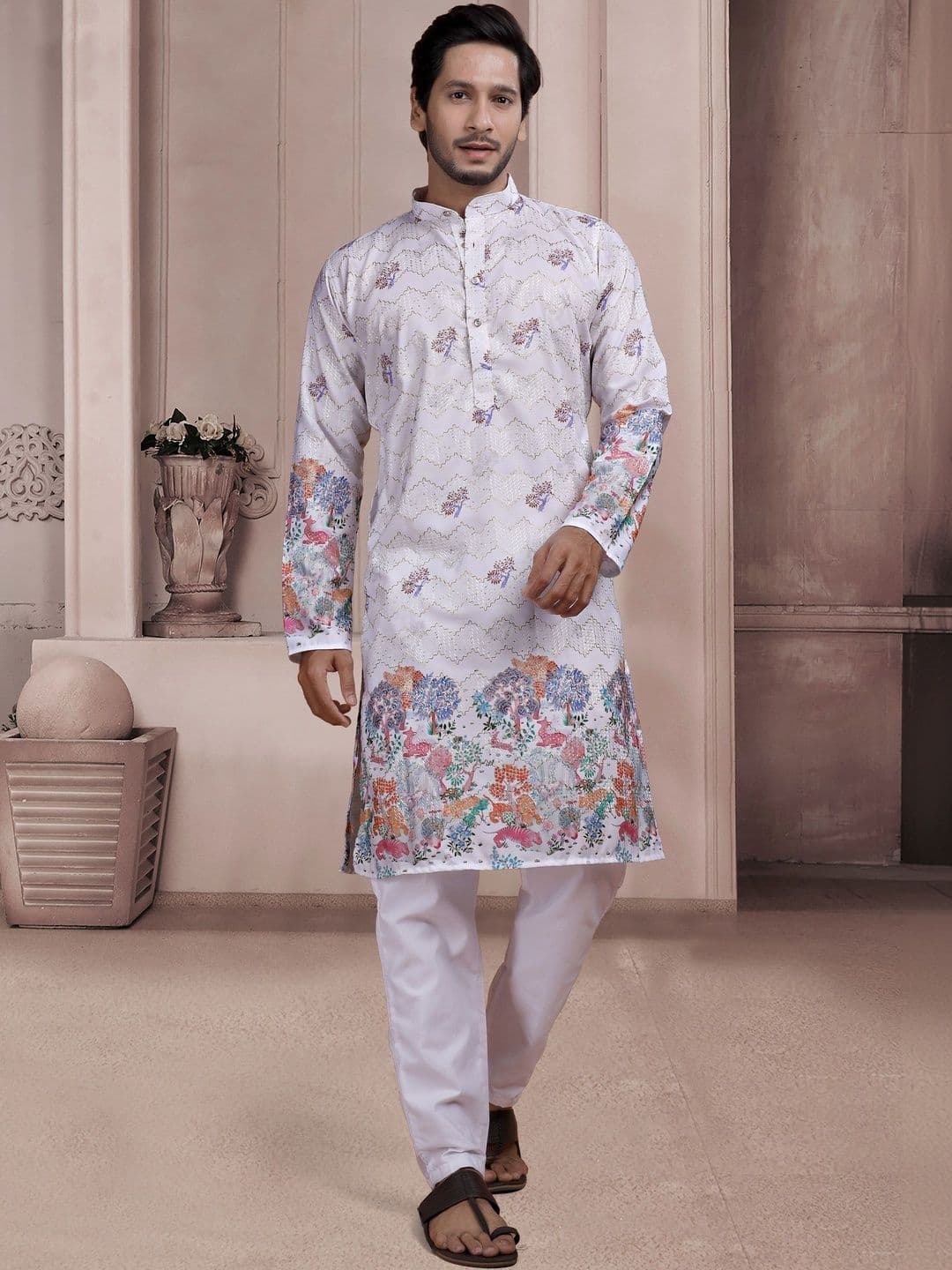KURTA WALLAH Men Geometric Printed Thread Work Floral Kurta - view 1