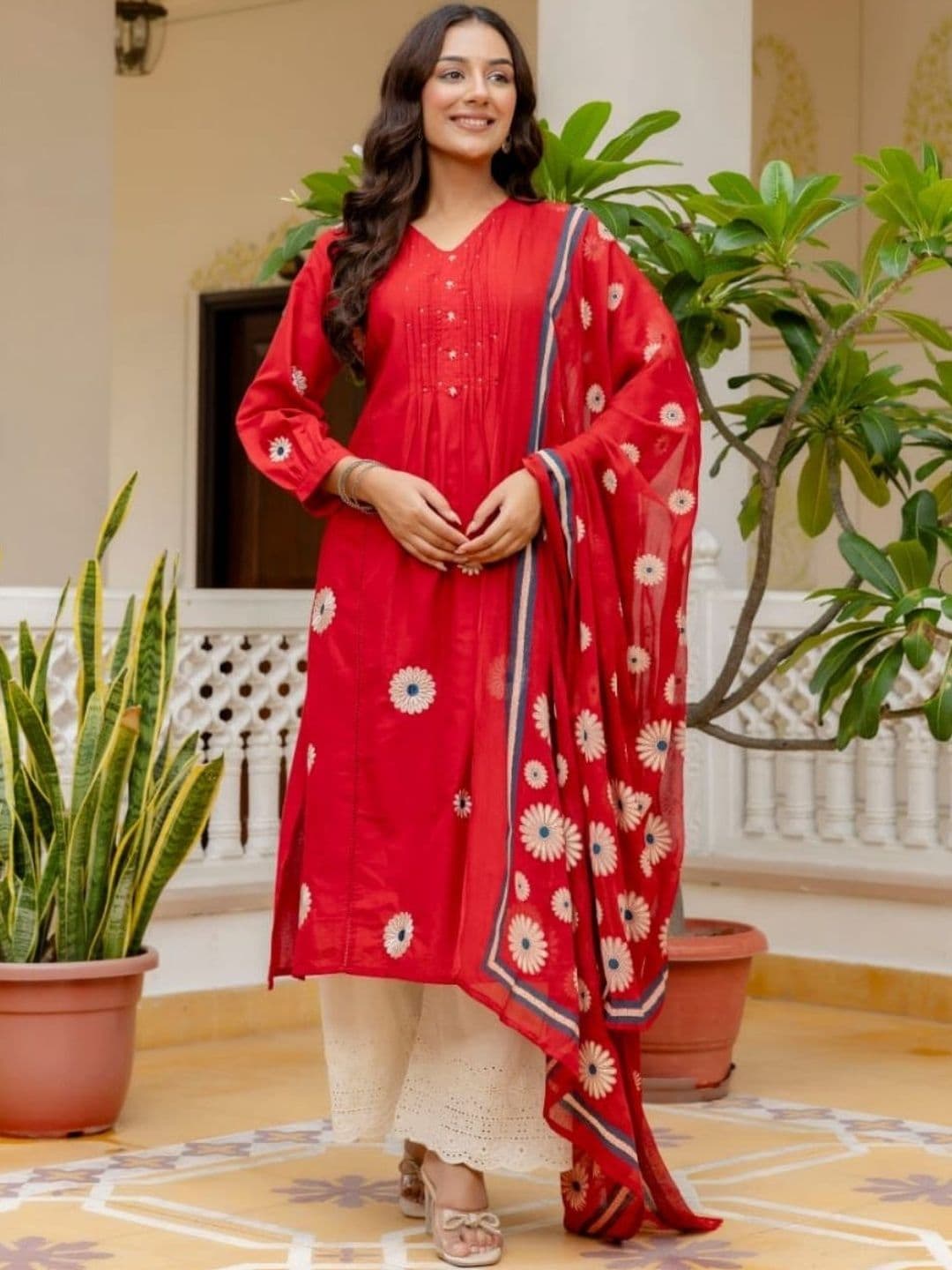 Komfortive Women Floral Embroidered Regular Pure Cotton Kurta with Palazzos & With Dupatta - view 1