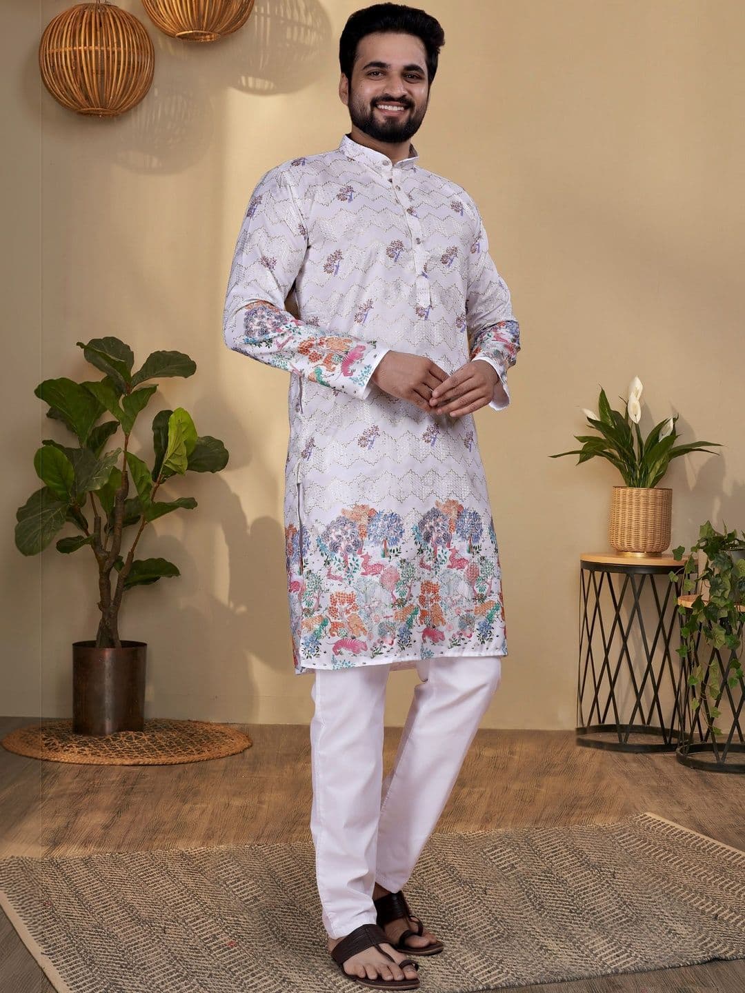 KURTA WALLAH Men Geometric Printed Thread Work Floral Kurta - view 1