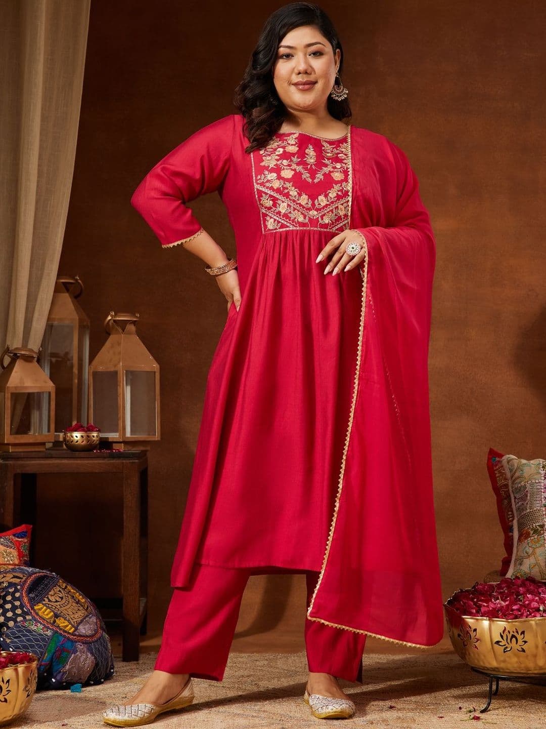 Janasya Ethnic Motifs Yoke Design Pleated Sequinned Kurta with Trousers & With Dupatta - view 1