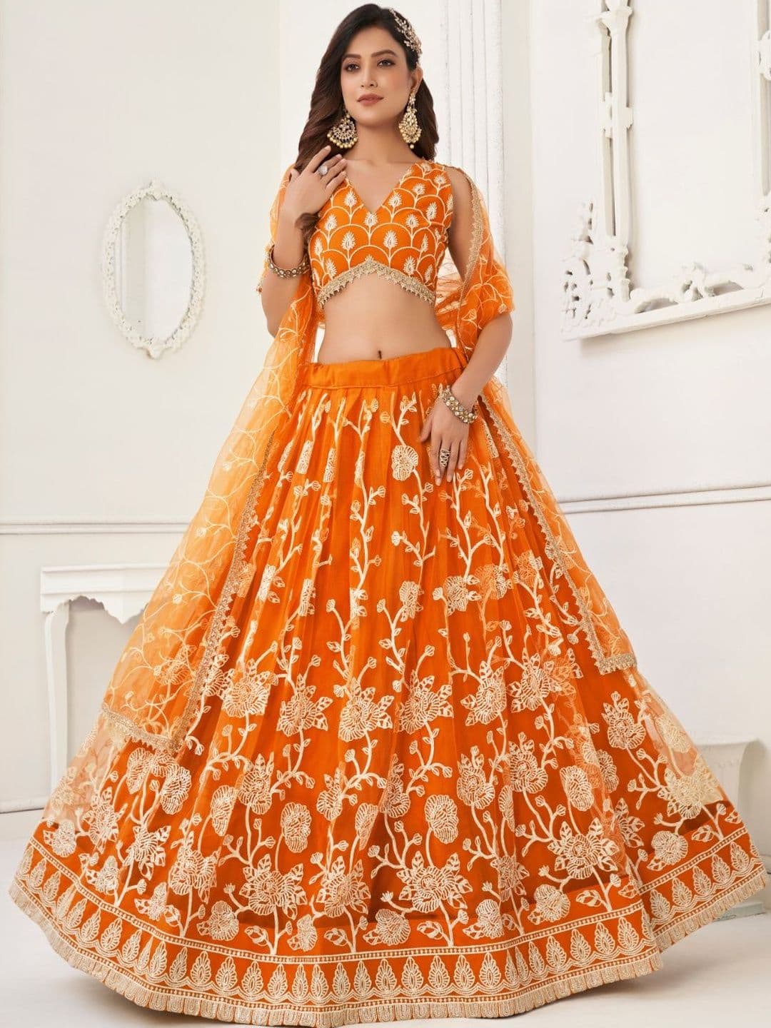 EthniQlo Orange Embroidered Lehenga Choli In Net - view 1