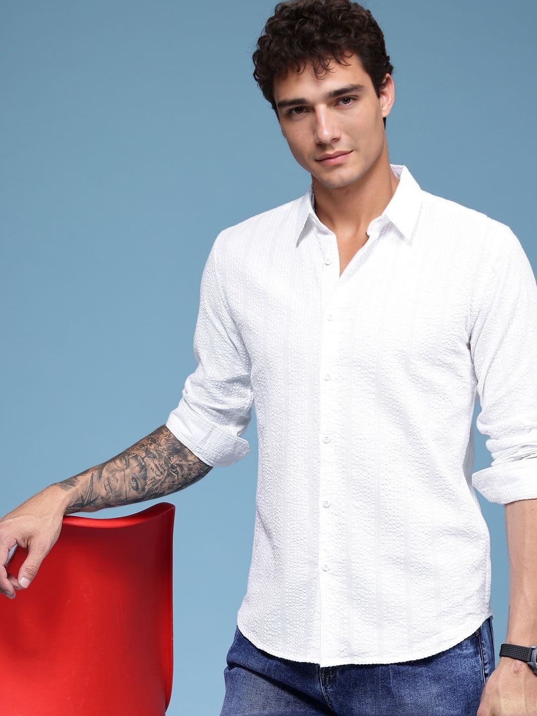 HERE&NOW Slim Fit Seersucker Textured Pure Cotton Casual Shirt - view 1