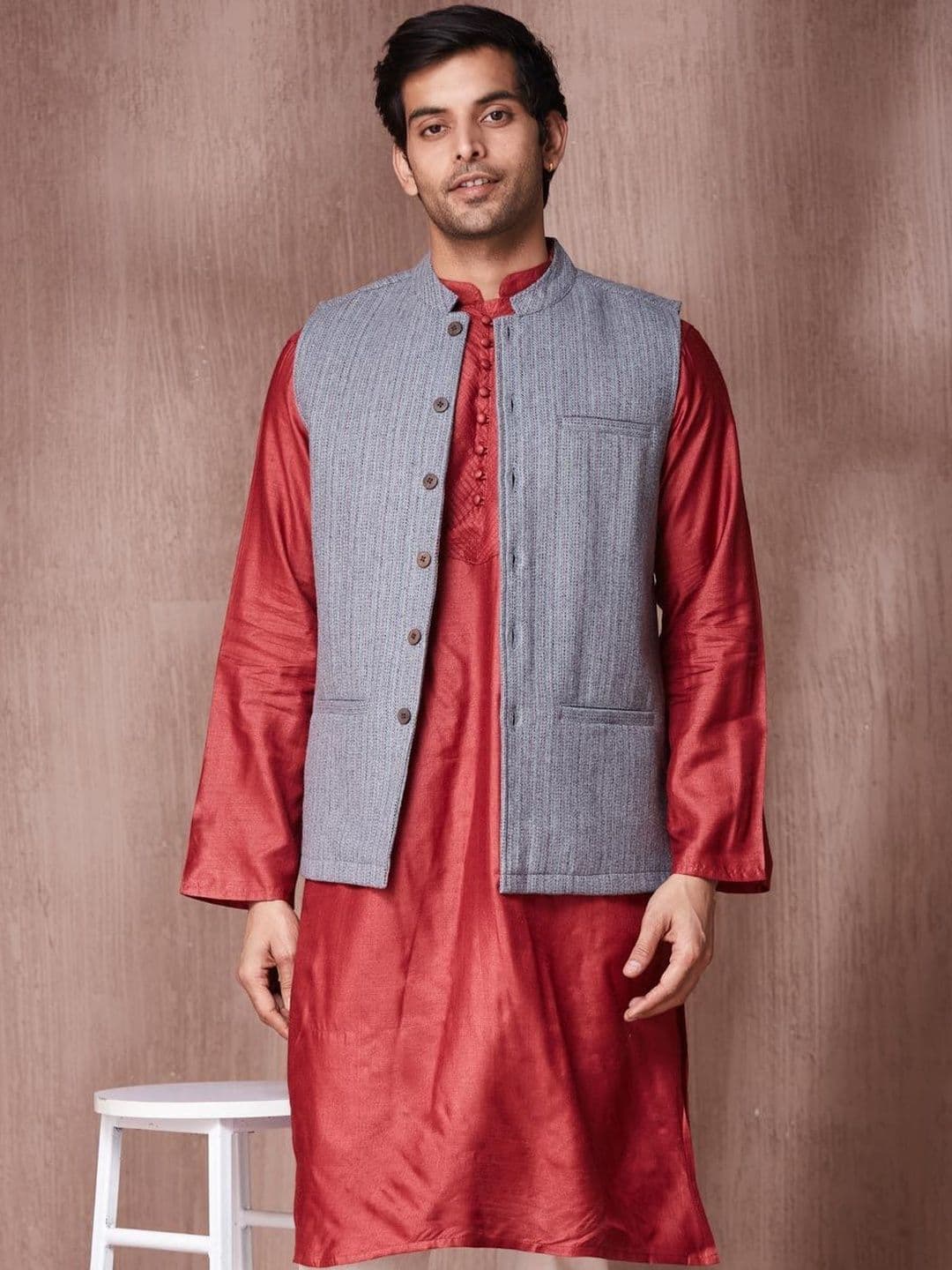 Fabindia Woven Design Wool Mandarin Collar Nehru Jacket - view 1