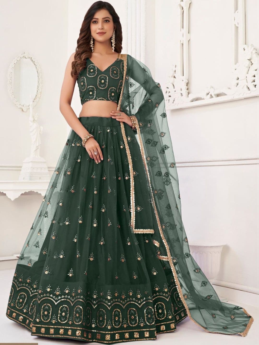 Ethniqlo Green Traditional Embroidered Lehenga Choli - view 1