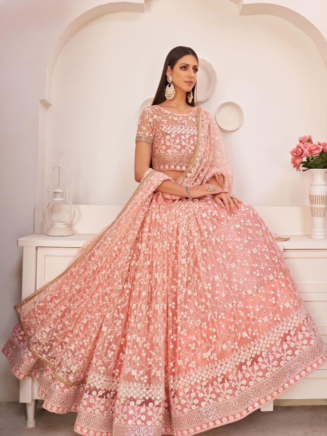 EthniQlo Pink Flared Lehenga Choli With Thread Embroidery - view 1