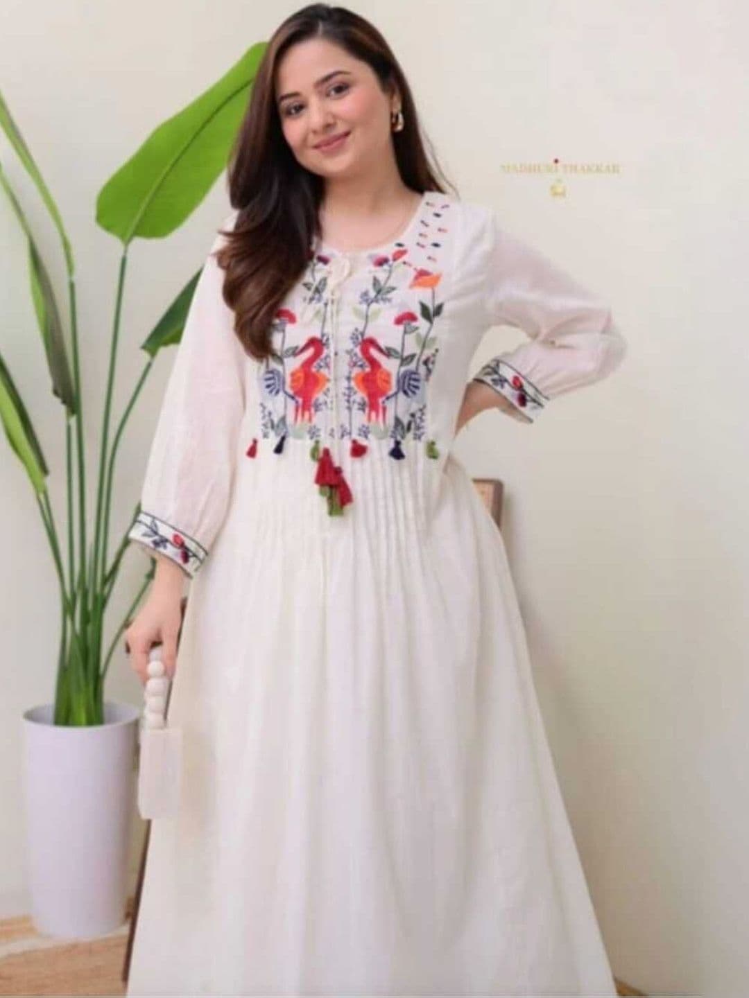 NAKSHKURTIS Women Floral Embroidered Panelled Thread Work Kurta with Trousers - view 1